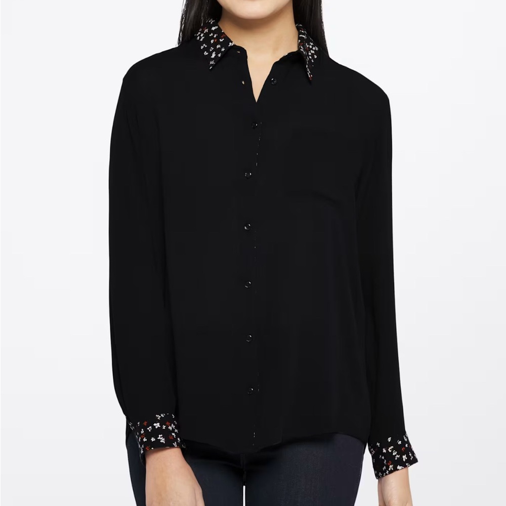 Market & Spruce Black Sheer Blouse with Floral Collar and Cuffs Large